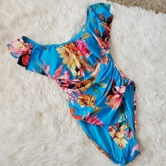 La Blanca Women's Swimwear Size 4 One Piece Ruffle Floral-Print Blue - Picture 4 of 8